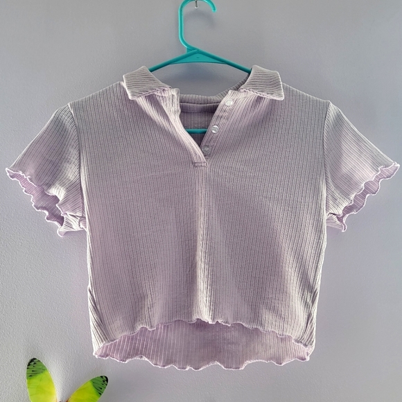 SHEIN Purple Collared Crop Top Lettuce Trim Buttoned Rib-Knit Tee Size Small - Picture 1 of 6